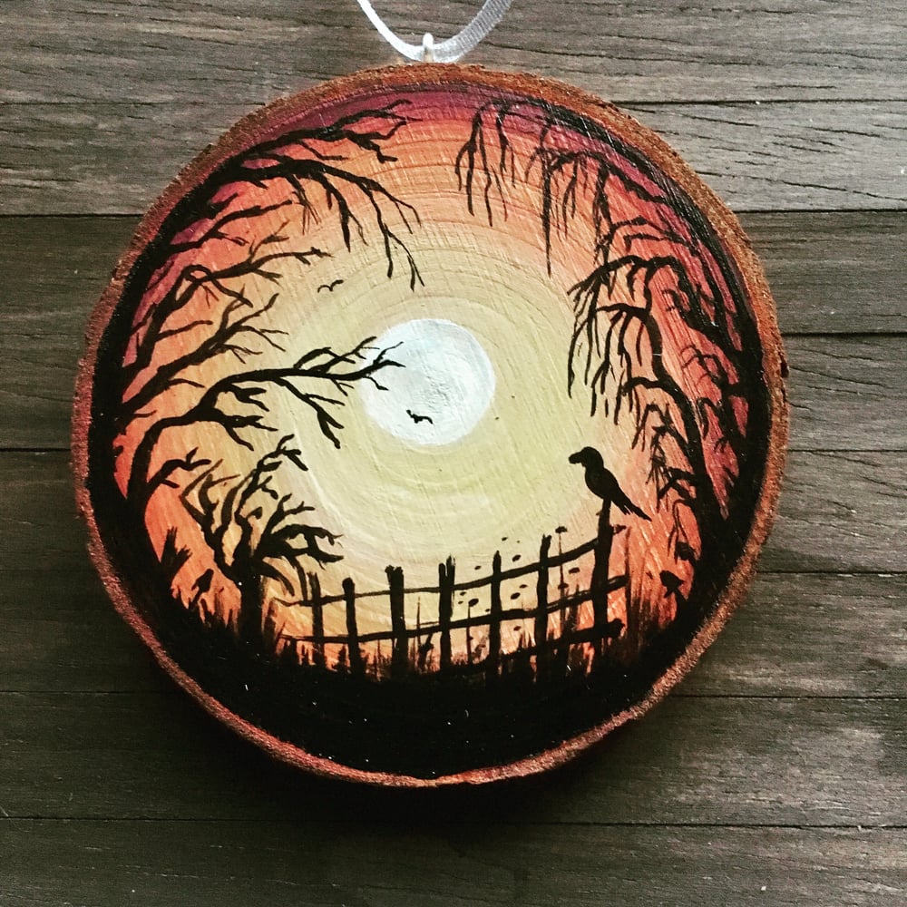 Hand Painted Log Slice in  Acrylic - Orange Sunset Crow on Fence