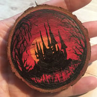 Image 2 of  Hand Painted Log Slice in Acrylic - Vampire's Castle at Sunset
