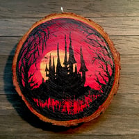 Image 1 of  Hand Painted Log Slice in Acrylic - Vampire's Castle at Sunset