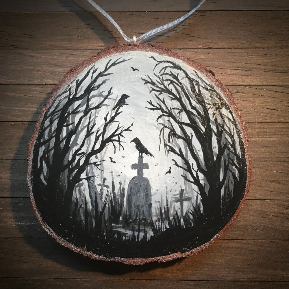 Hand Painted Log Slice in Acrylic - Graveyard in the Woods