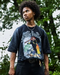 Image 2 of "WRLD Tour" Acid Washed Distressed Rhinestone Sleeved Heavy Tee