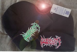 Image of Obscenity Beanies , woven green/red logo