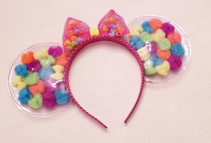 Image of Purple Headband PomPom Vinyl Mouse Ears with Pink Shaker Bow/Minnie Confetti Ears/ Minnie Ears/Vinyl