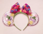 Image of Green Headband PomPom Vinyl Mouse Ears with Pink Shaker Bow/Minnie Confetti Ears/ Minnie Ears/Vinyl 