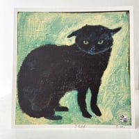 Image 1 of Small square art print ‘Jeff’ (black cat with ears down) free custom option available