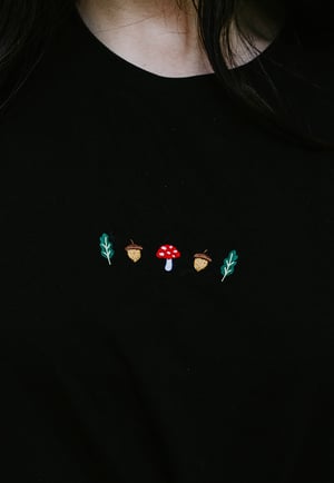 Image of Mushroom, Acorn & Oak Embroidered Organic T-Shirt ~ Black