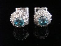 Image 1 of EDWARDIAN 18CT WHITE GOLD NATURAL BLUE ZIRCON & DIAMOND  CLUSTER EARRINGS