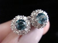 Image 3 of EDWARDIAN 18CT WHITE GOLD NATURAL BLUE ZIRCON & DIAMOND  CLUSTER EARRINGS