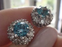 Image 4 of EDWARDIAN 18CT WHITE GOLD NATURAL BLUE ZIRCON & DIAMOND  CLUSTER EARRINGS