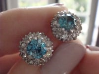 Image 5 of EDWARDIAN 18CT WHITE GOLD NATURAL BLUE ZIRCON & DIAMOND  CLUSTER EARRINGS