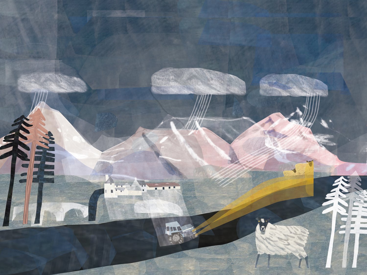 Image of A Tractor is driving past the Sligachan Hotel at night