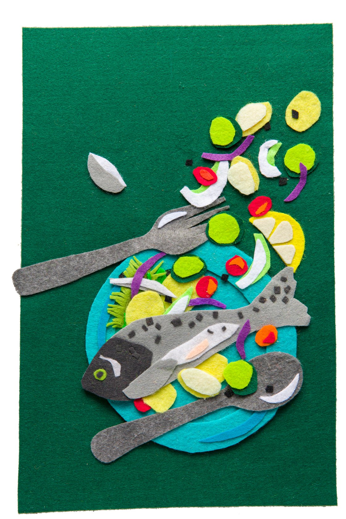 Image of Felt collage 'Whole fish with veggies'