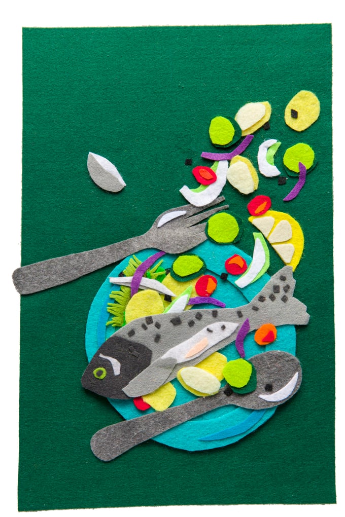 Image of Felt collage 'Whole fish with veggies'