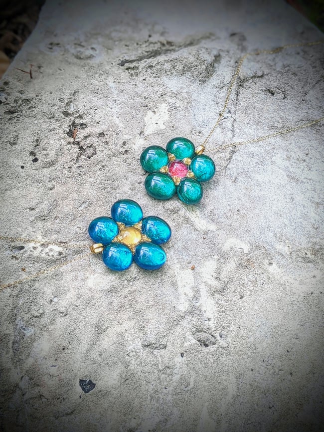 Fused Glass Flower Necklace - Turquoise Blue