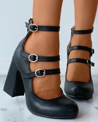 Image 1 of Ankle Strap Multi Buckled Chunky Heels