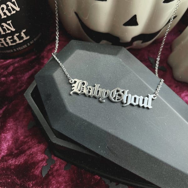 Image of Baby Ghoul Old Gothic Stainless Steel Script Necklace