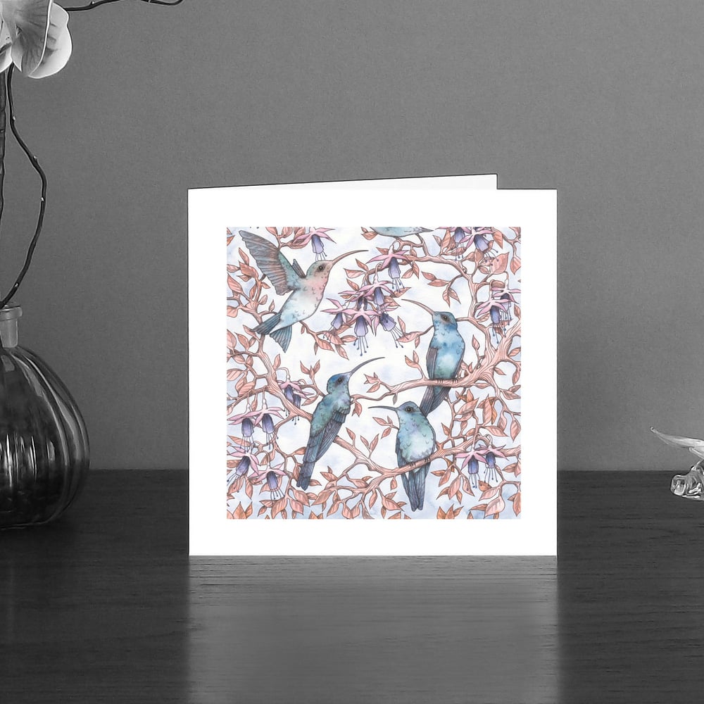 Image of Hummingbirds & fuchsia art card