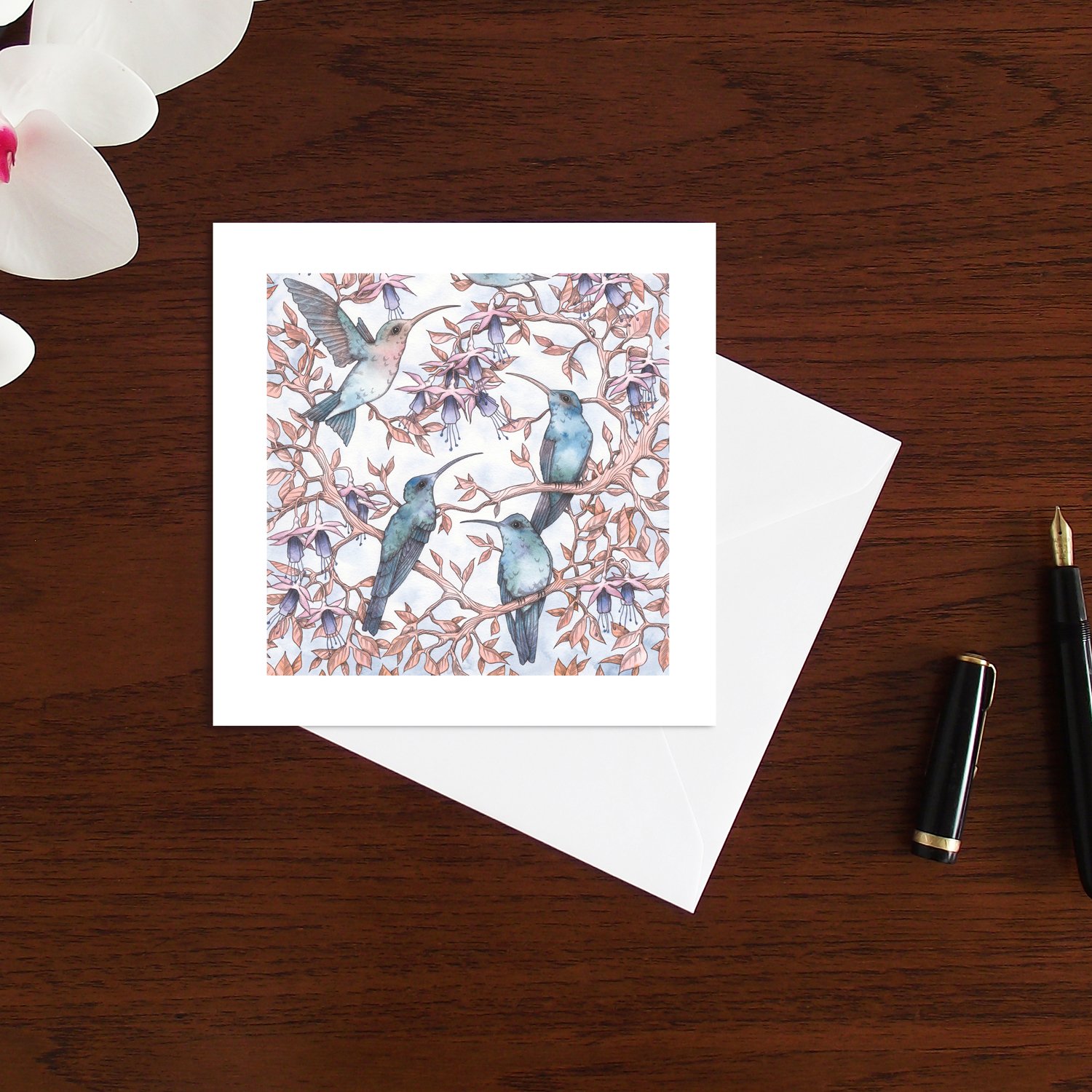 Image of Hummingbirds & fuchsia art card