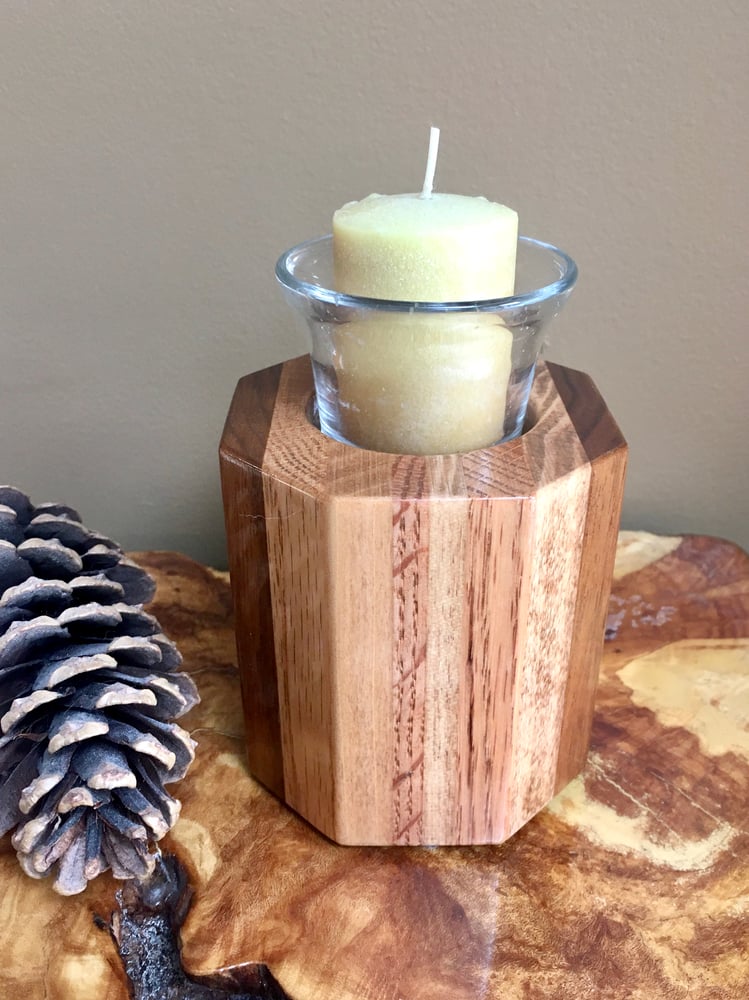 Image of Wood Votive Candle Holder, Glass Votive Wooden Candleholder, Home Accent Candle