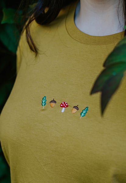 Image of Mushroom, Acorn & Oak Embroidered Organic T-Shirt ~ Ochre