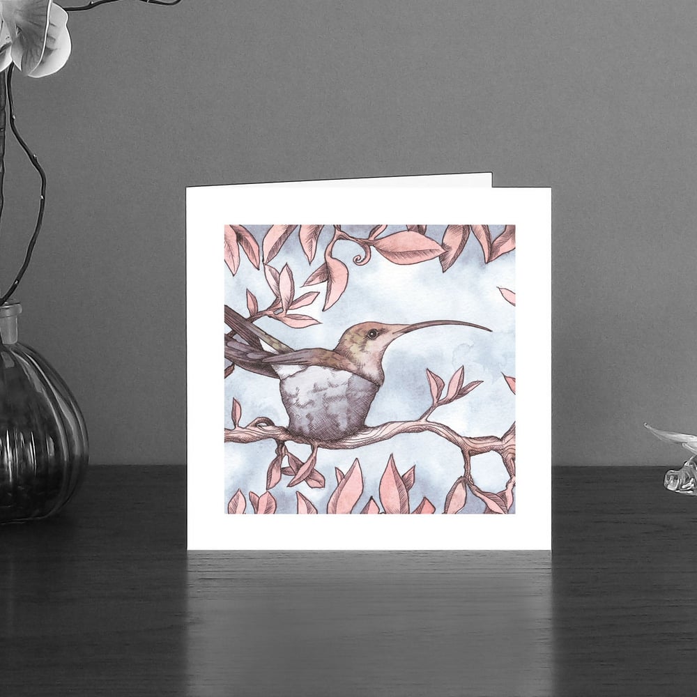 Image of Nested hummingbird art card