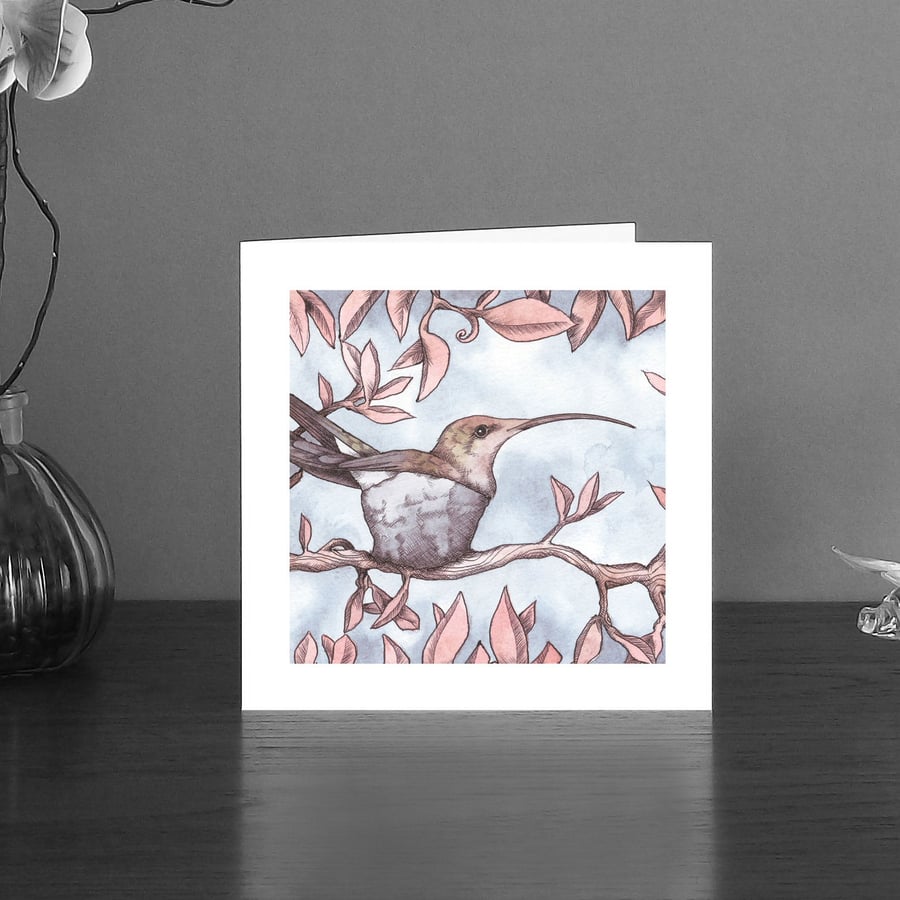 Image of Nested hummingbird art card