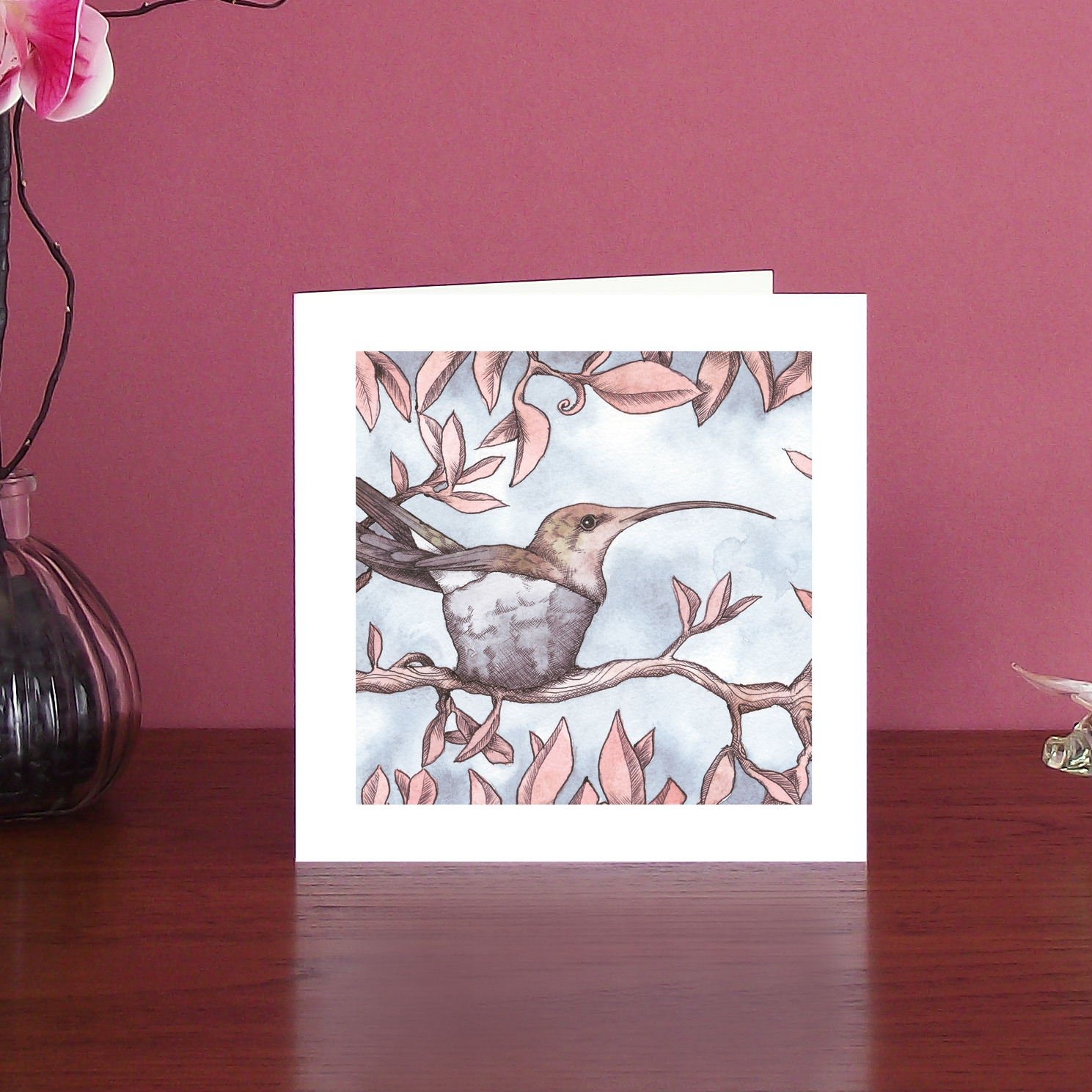 Image of Nested hummingbird art card