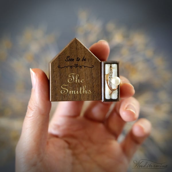 Image of Secret pocket size house ring box, engraved wood ring box for proposal