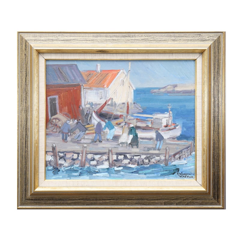 Image of Swedish Oil Painting,  'Quayside,' Ake Wickstrom
