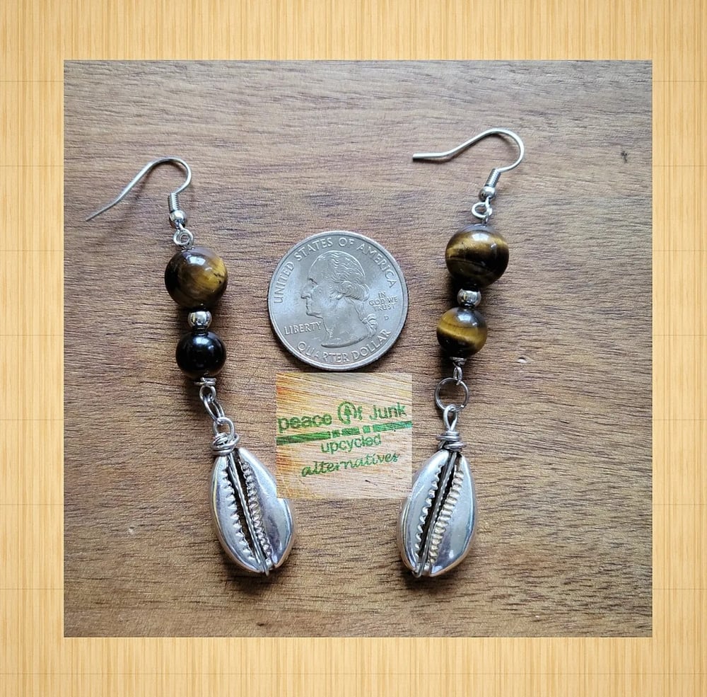 Image of 2 #TIGERSEYE SILVER COWRIESHELL EARRINGS 