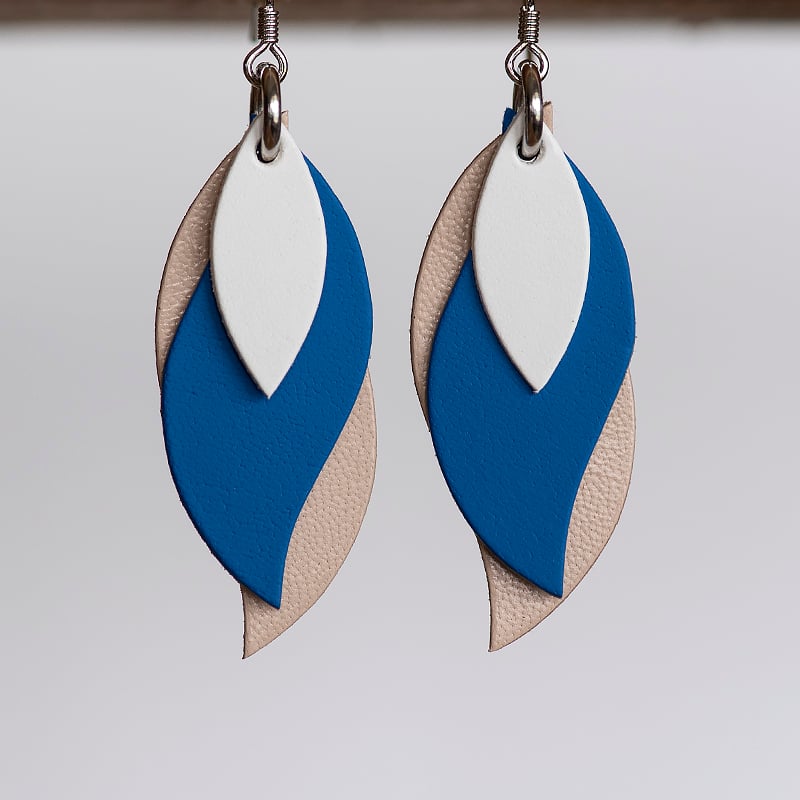 Image of Handmade Australian leather leaf earrings - White, cobalt blue, beige
