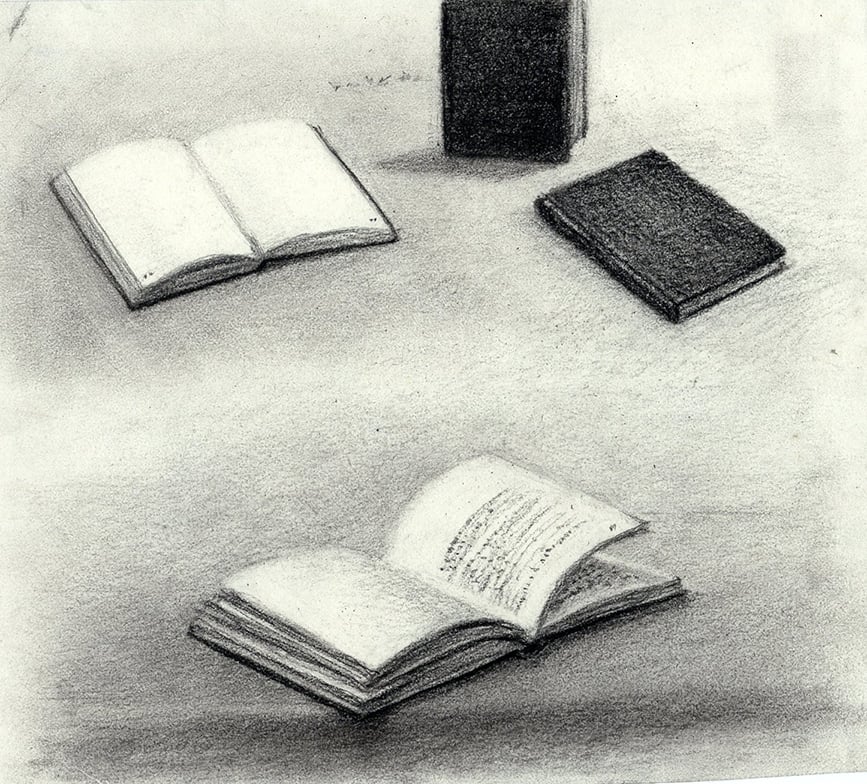 Books and KIDS, Girl and Boy with Big Books, Pencil Art, Encourage Reading