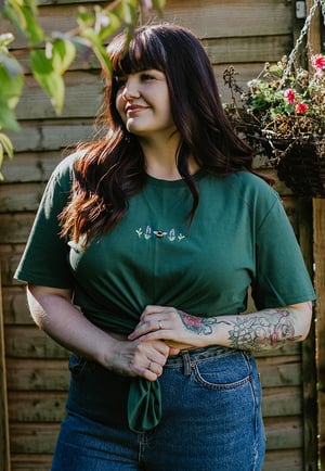 Image of Lavender Bee Embroidered Organic T-Shirt ~ Bottle Green