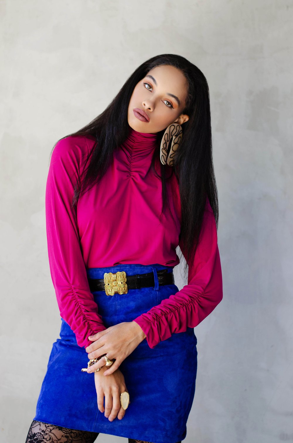 Image of Modern Thandie Fuchsia Ruched Turtleneck