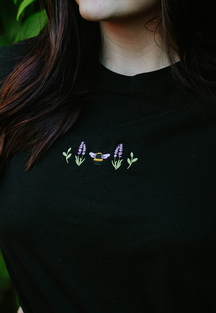 Image of Lavender Bee Embroidered Organic T-Shirt ~ Black