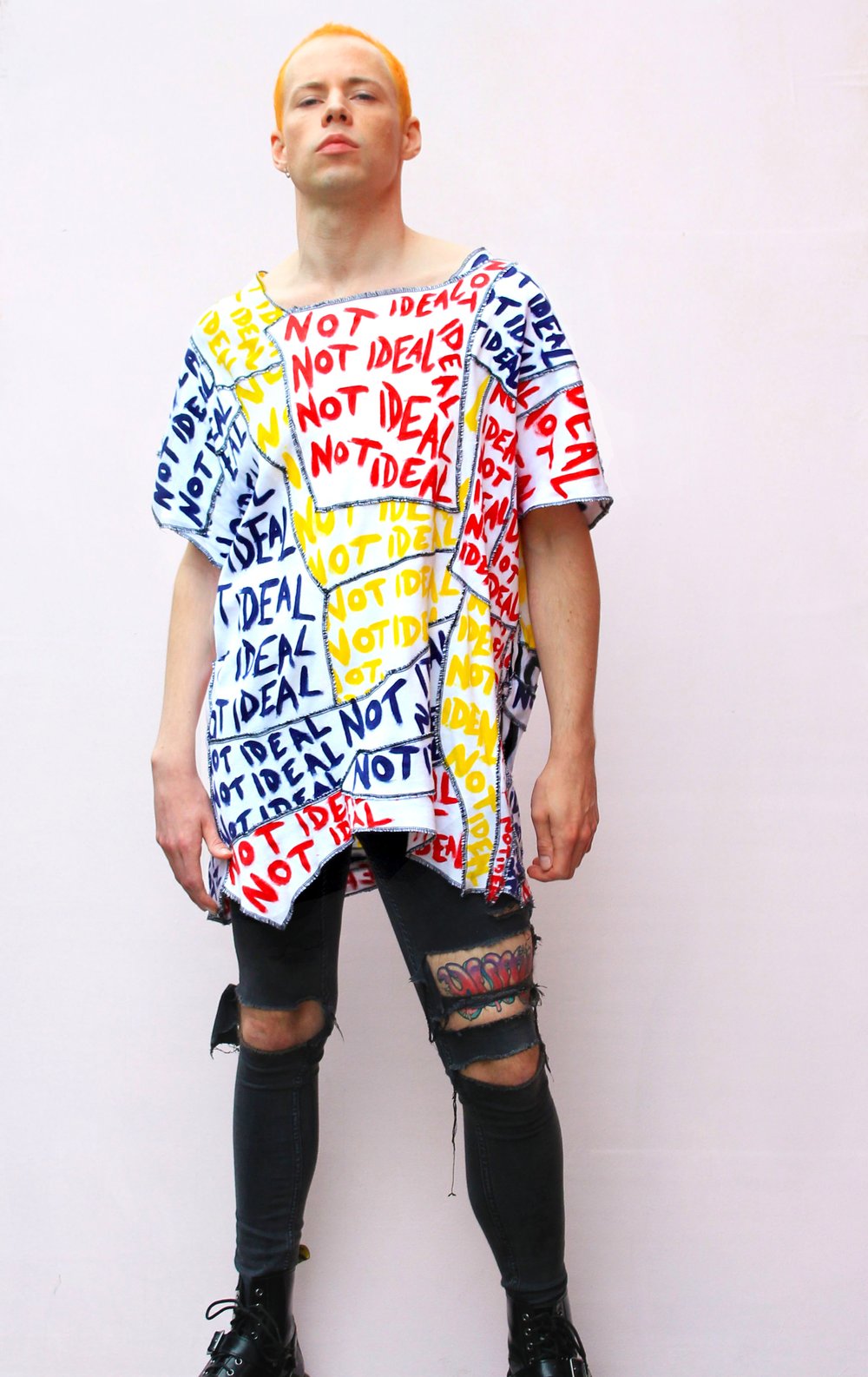 NOT IDEAL RED, YELLOW AND NAVY DECONSTRUCTED PATCHWORK TOP