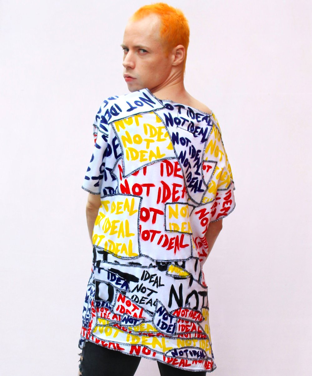 NOT IDEAL RED, YELLOW AND NAVY DECONSTRUCTED PATCHWORK TOP