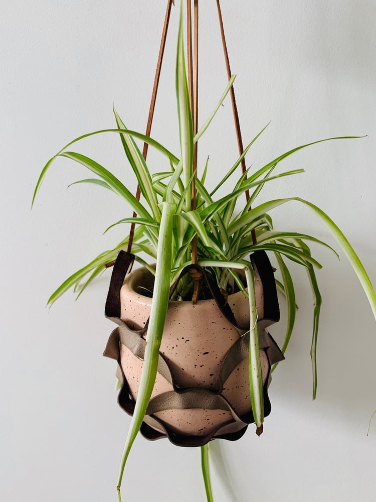 Image of Caramel with tan cord- - medium leather planter - Upholstery grade