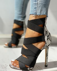 Image 3 of Lace-Up Bandage Patchwork Snakeskin Thin Heeled Sandals