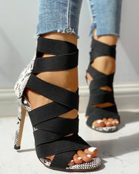 Image 5 of Lace-Up Bandage Patchwork Snakeskin Thin Heeled Sandals