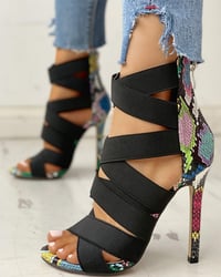 Image 2 of Lace-Up Bandage Patchwork Snakeskin Thin Heeled Sandals