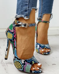 Image 1 of Peep Toe Snakeskin Print Thin Heels