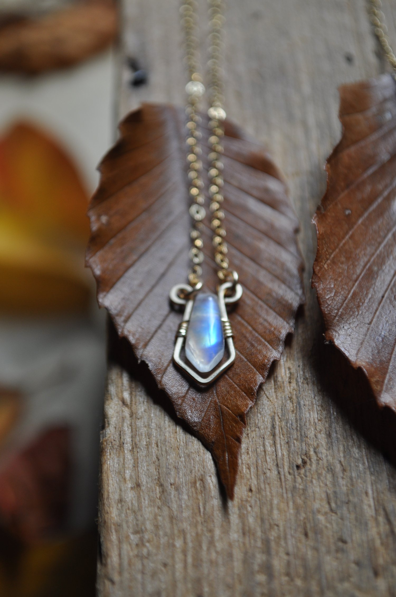 Image of Rainbow Moonstone Shield Necklace - Gold Fill
