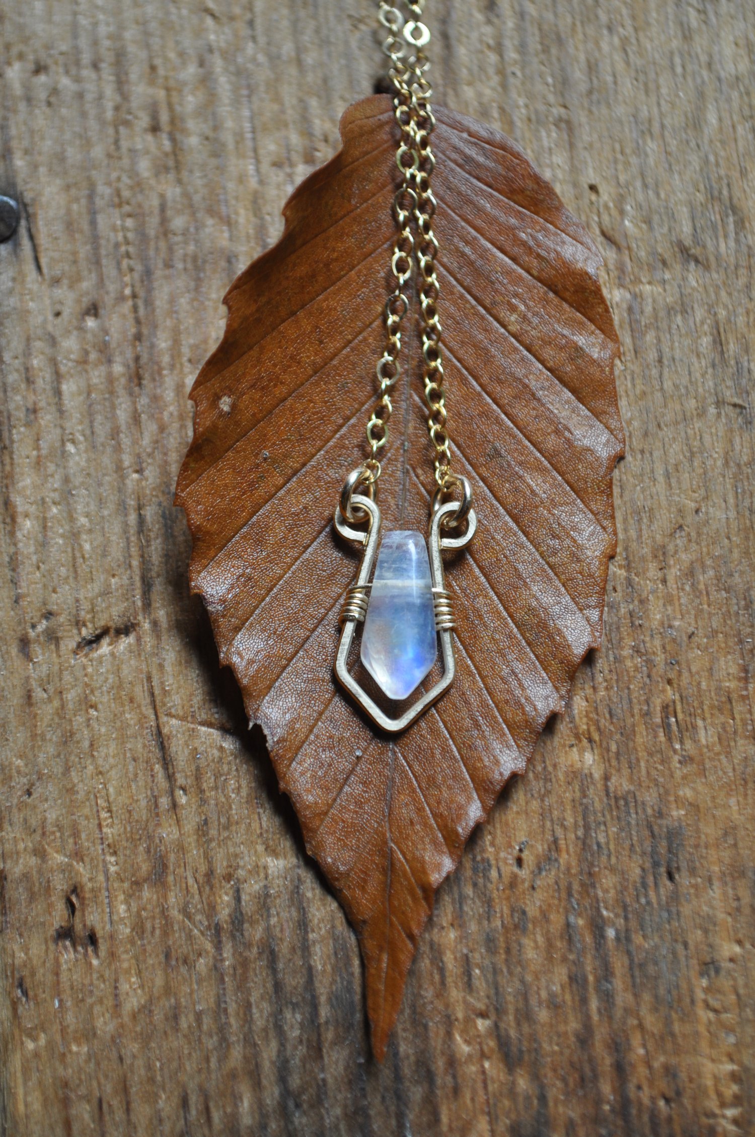 Image of Rainbow Moonstone Shield Necklace - Gold Fill