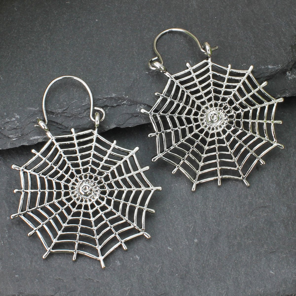 Image of Silver Spider Web Hoop Earrings