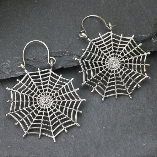 Image of Silver Spider Web Hoop Earrings