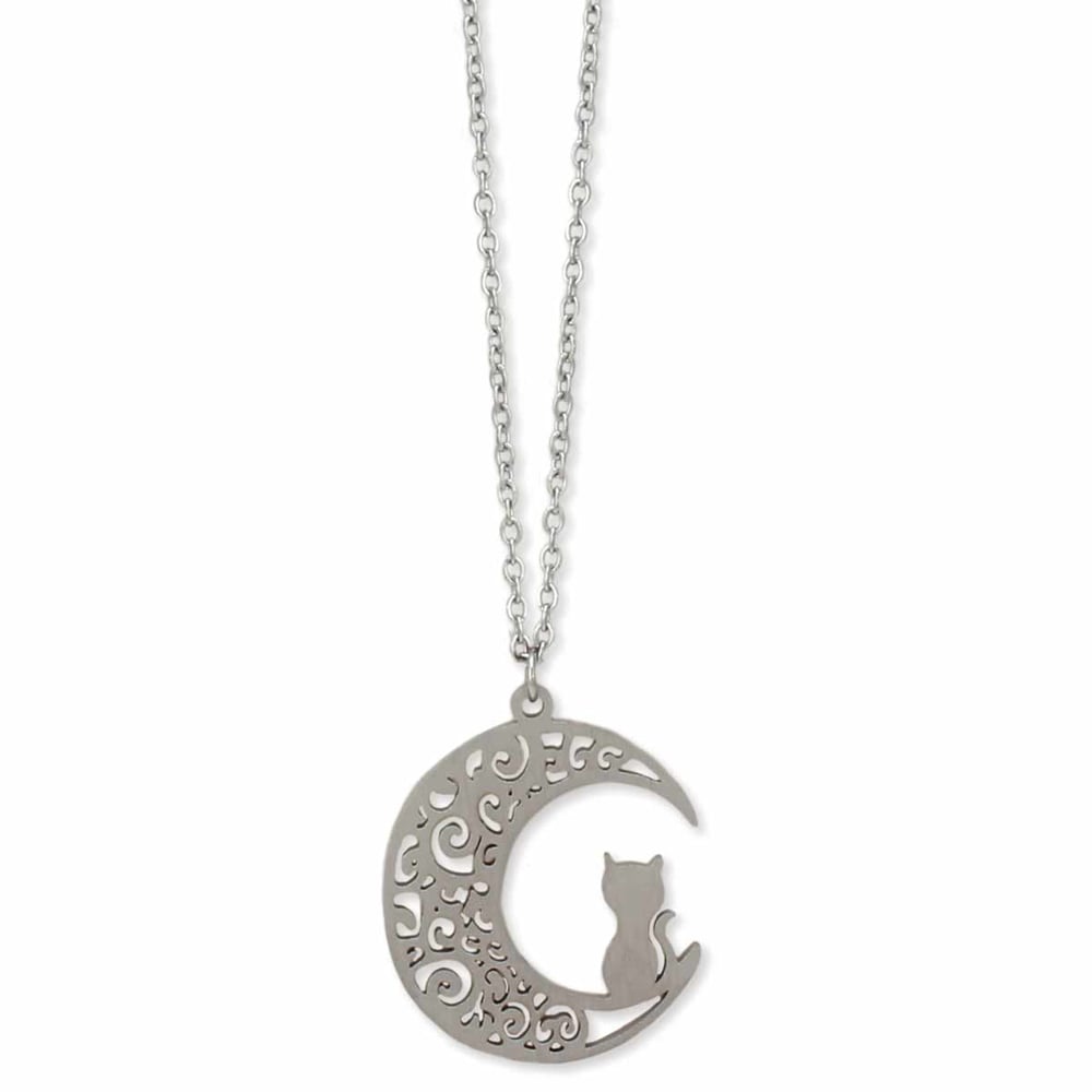 Image of Midnight Prowler Cat Moon Silver Necklace