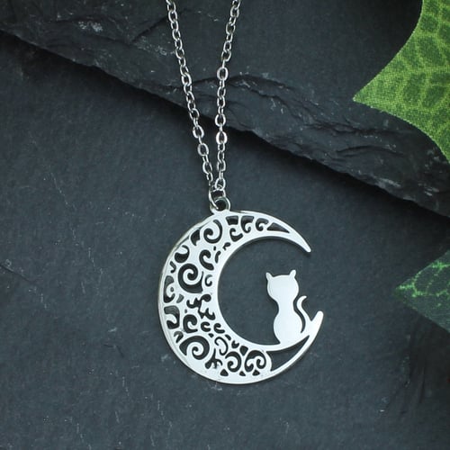 Image of Midnight Prowler Cat Moon Silver Necklace