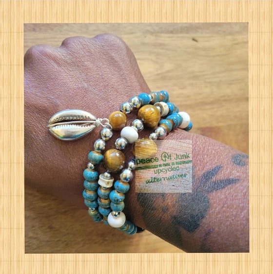 Image of #OCEAN BLUE #TIGERSEYE BONE #SILVER #COWRIESHELL (3) STACK #Bracelets 🐚