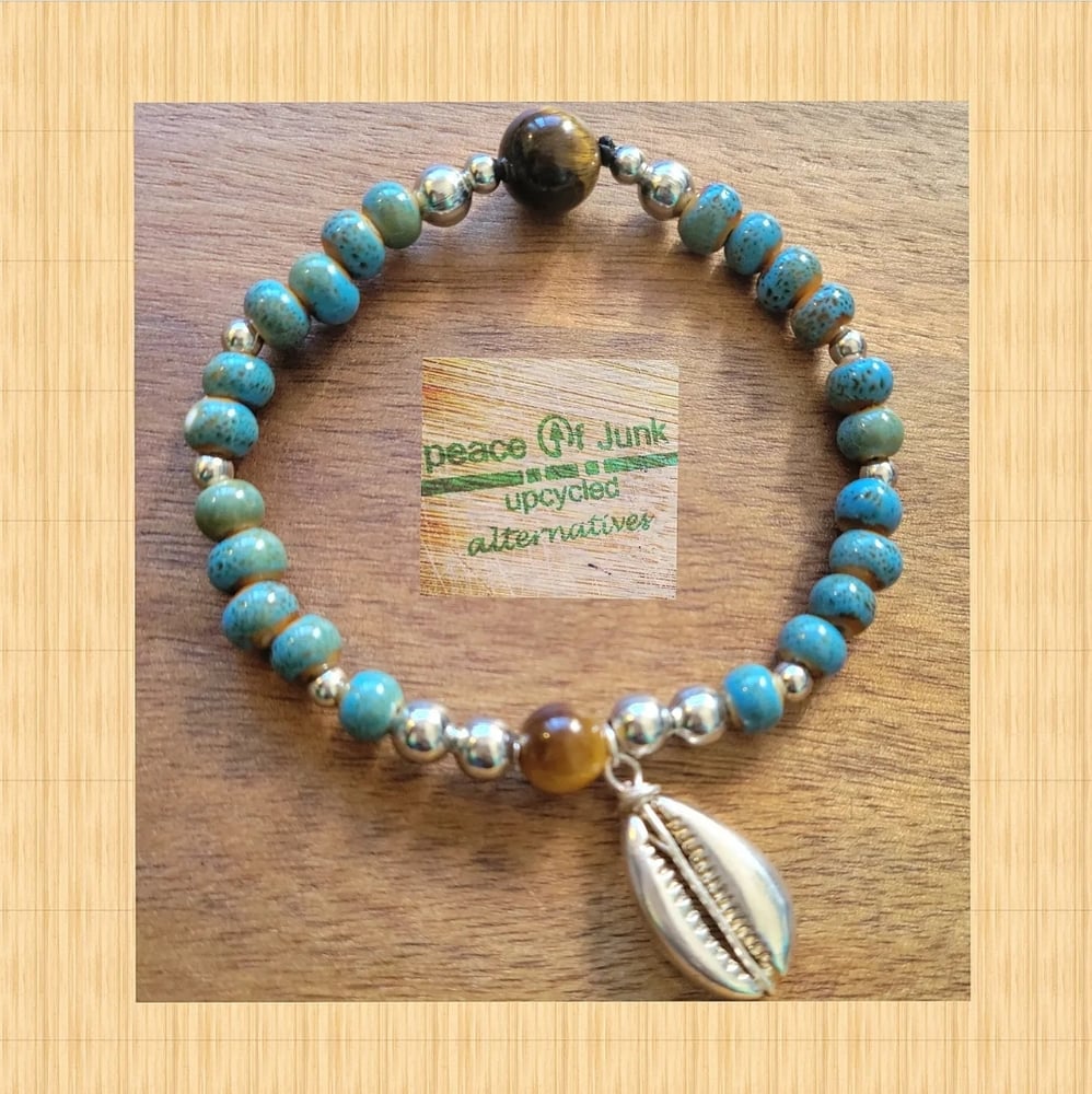 Image of #OCEAN BLUE #TIGERSEYE BONE #SILVER #COWRIESHELL (3) STACK #Bracelets 🐚